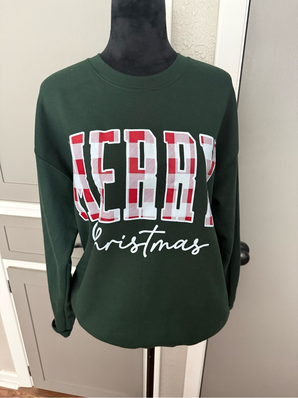 Gildan Forest Green 'Merry Christmas' Plaid Lettering Crewneck